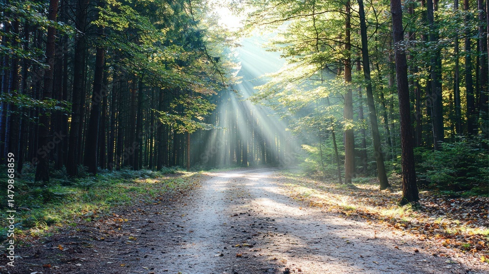Poster sunlight streams through a tranquil forest path.