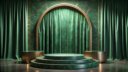 Luxurious green stage with gold accents and velvet curtains for product presentation