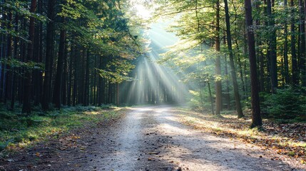 Obraz premium Sunlight streams through a tranquil forest path.
