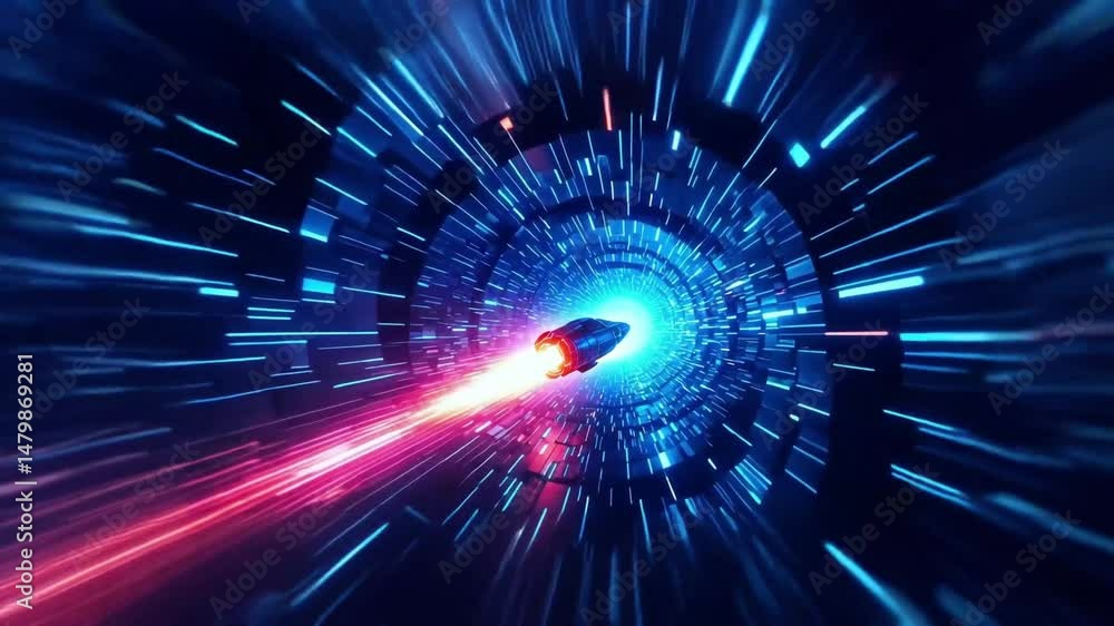 Aufkleber a high-speed spaceship travels through a glowing hyperspace tunnel with neon lights and motion blur.
