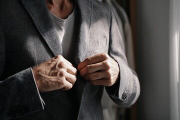Man Fastening Gray Blazer Button, Preparing for Business Meeting, Attending Formal Event, Dressing Up Stylishly