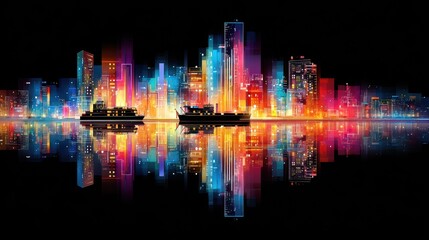 Vibrant neon city skyline reflected on water with two boats silhouetted in the foreground against a black night sky.