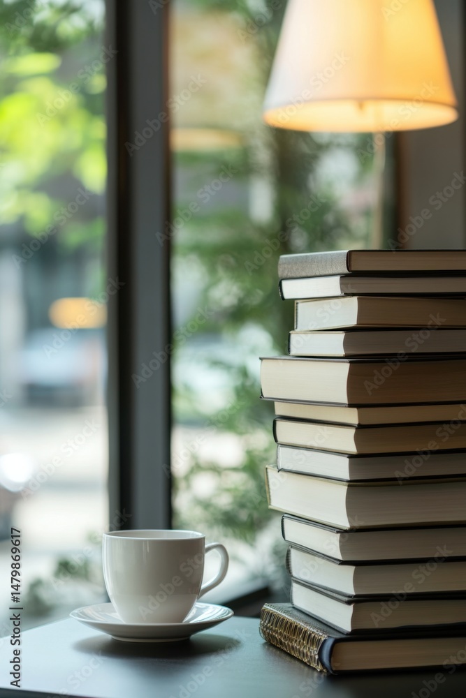 Poster stack of books and coffee cup on table near window in cafe setting in soft light study reading