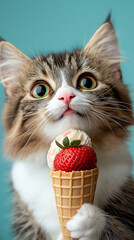 AI generator image of Cat eating ice cream, hot weather concept, cat cooling snacks and pets