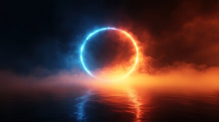 A neon circle glows on water amidst smoke and orange atmosphere. Perfect for fantasy, science fiction or magical realism projects.