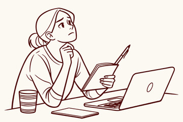 Sketch style doodle of Serious teen girl college student studying working from home office thinking on writing creative essay task or doubting looking away holding notebook learning remote school less