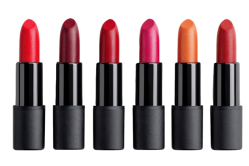 Lipstick Collection: A vibrant array of six lipstick tubes in various shades of red, pink, and orange, showcasing the diverse color options available for a bold and stylish makeup look.