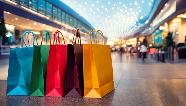 Bolsas de papel multicolor con espacio para publicidad, fotos o texto, con el tel&oacute;n de fondo de un gran centro comercial. Concepto de Black Friday y Cyber ​​Monday.