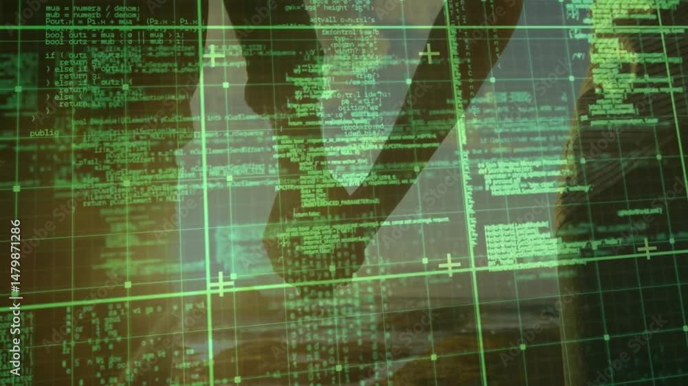 Poster couple holding hands in technology interface, showing semi-transparent code blocks and grid markers