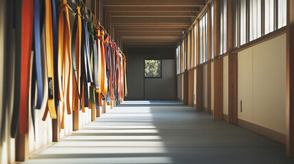 Martial arts dojo hallway with hanging belts for karate taekwondo or judo training center