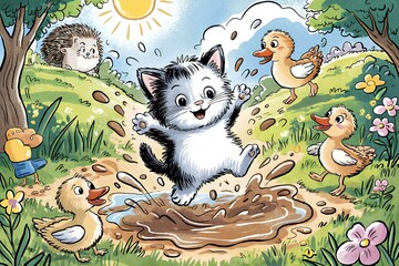 a cat with ducks