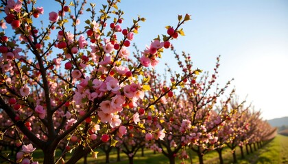 vibrant fruit bearing trees in full bloom during harvest season, basking under crisp sunlight, subject positioned at the top with clear copy space at the bottom.
