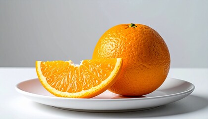 Orange fruit juicy at plate with slice close up at studio photo