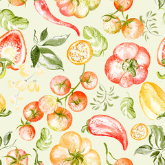 Hand drawn watercolor pattern with tomatoes, chili peppers, basil, and herbs. Seamless and tileable design for kitchen, textile, and food projects. Suitable for print and digital use.