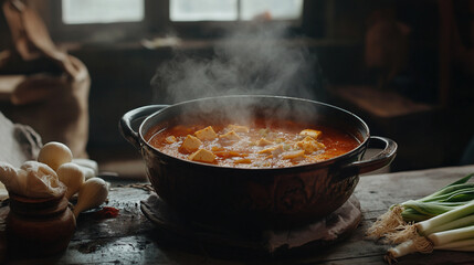 Delicious homemade tomato soup recipe with tofu cooking in pot on rustic wooden table