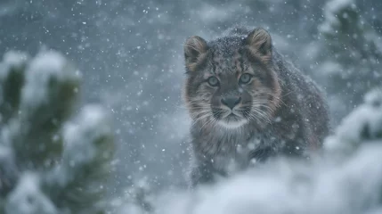 Papier peint photo  Snow Leopard Cub in Winter Blizzard with Majestic Wildlife.  © bagus_