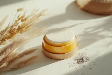 Cosmetic Jar with Cotton Pads and Dry Grass in Warm Light Still Life Product Shot