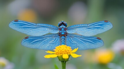 Blue dragonfly perched on yellow flower, garden bokeh