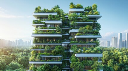 Green building facade with trees. Balconies lushly planted. Urban ecology. Showcases sustainable architecture, green initiatives.