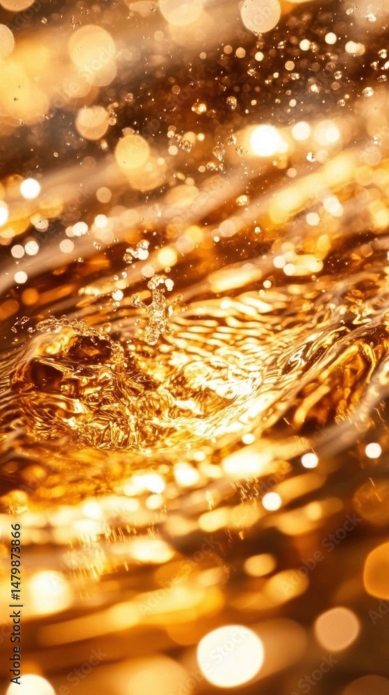 Poster golden liquid splash close up abstract view with bokeh effect and rippled surface for luxury backgro