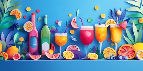 Colorful summer cocktails in paper cut style with fruits and bottle on a blue background