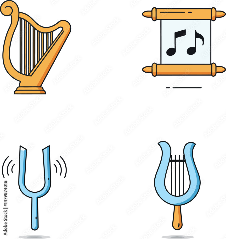 Poster musical instruments and sound icons including harp tuning fork and music scroll vector illustration