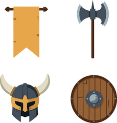 Viking warrior helmet axe wooden shield and banner vector illustration set 