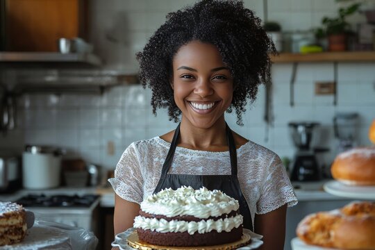 Confident Baker Holding a Delicious Cake