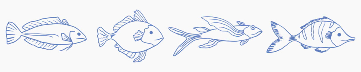 Vector clipart set with hand-drawn fish in clean outline sketch style isolated on light background for nautical projects, marine packaging, seafood branding, coastal designs, stationery, etc.