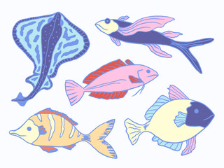 Colorful clipart collection with hand-drawn diverse marine fish in soft pastel tones isolated on light background for packaging, beach party invitations, coastal decor, seafood branding, etc.