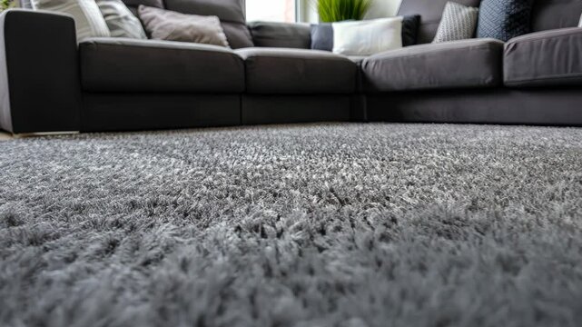 A modern living area showcases a soft gray rug under a spacious sectional sofa, creating a welcoming atmosphere for relaxation