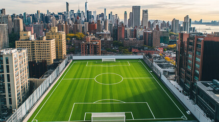 Aerial rooftop soccer field new york city skyline urban landscape sports recreation view