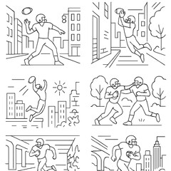Urban football silhouettes icons set – outline, sports and city life symbols