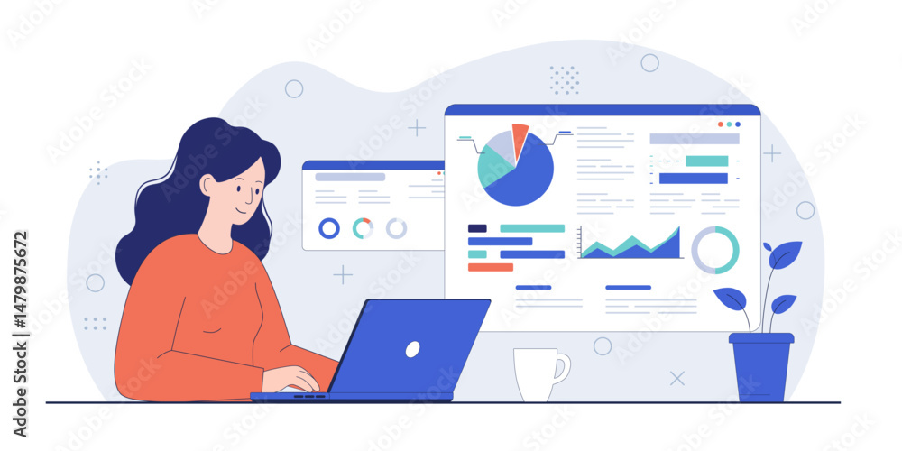 Poster woman working with data analytics on laptop. workplace of analyst with reports and graphs. vector il