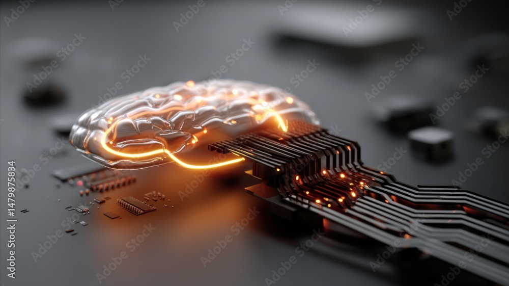 Poster futuristic digital brain connected to circuit board, symbolizing artificial intelligence and advance
