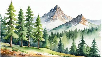 Snowy mountain scene with evergreen trees and misty fog