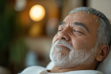 Elderly man relaxing during acupuncture session in serene wellness environment, soft lighting