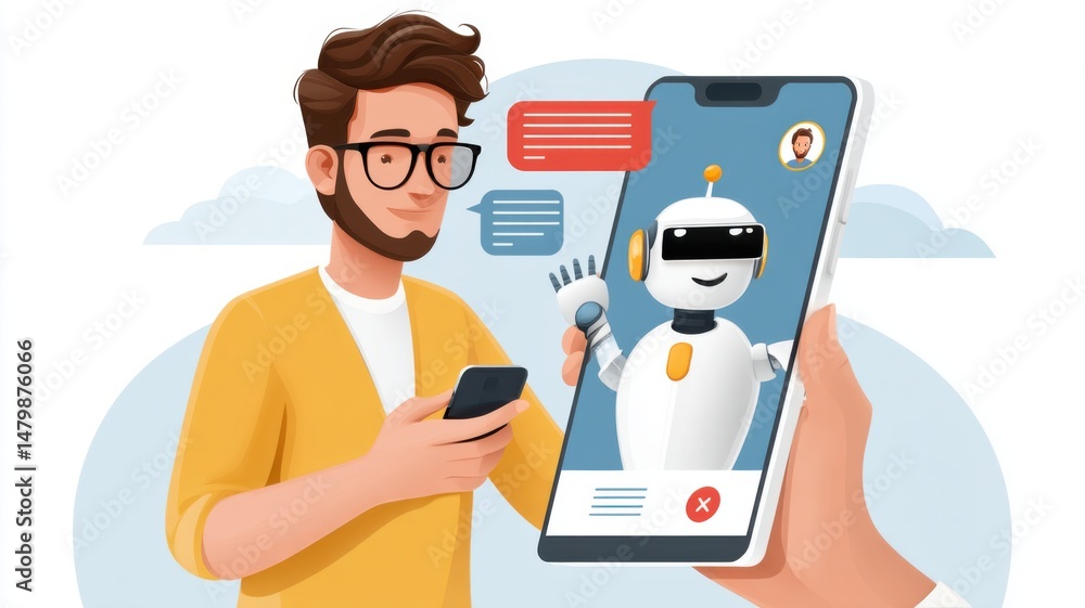 Poster a man chats with a friendly robot on his smartphone, illustrating modern ai technology and digital c