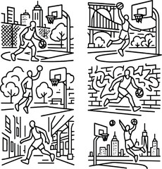 Obraz premium Urban basketball silhouettes icons set – flat, sports and street design symbols