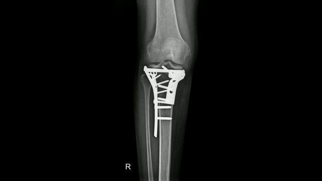 X-ray of Right Tibial Plateau Fracture with Surgical Fixation Using Plates and Screws