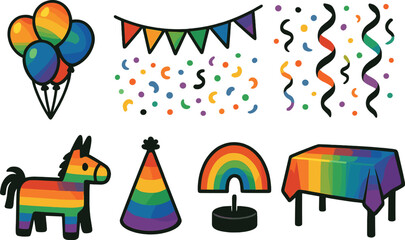 Rainbow party icons set – silhouette, festive and celebration symbols