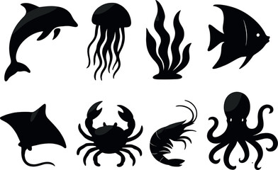 Obraz premium Aquatic life icons set – silhouette, marine, ocean animal symbols