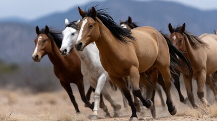 Obraz premium Wild horses running across arid landscape