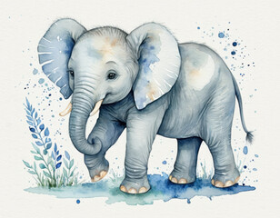 Watercolor illustration of a young elephant with its trunk curled and ears flapping