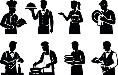 Restaurant staff silhouette icons set – simple, service and hospitality symbols