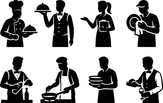 Restaurant staff silhouette icons set – simple, service and hospitality symbols