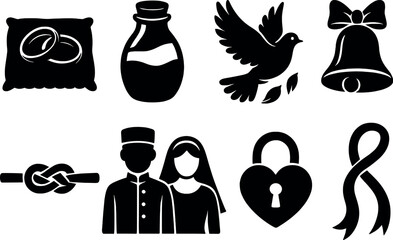 Cultural wedding symbols icons set – silhouette, matrimonial and ceremony graphics