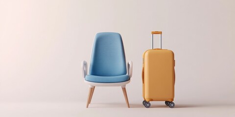 Stylish blue chair beside a yellow suitcase on white background