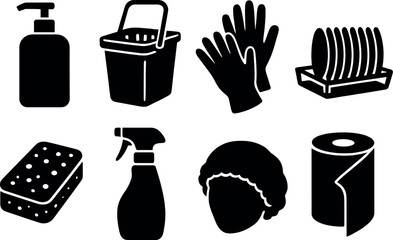 Cleaning gear silhouette icons set – simple housekeeping and sanitation symbols