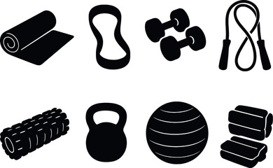 Home workout essentials icons set – silhouette, fitness and exercise gear collection